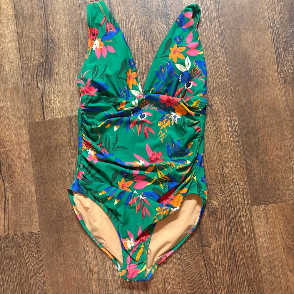 J.Crew Ruched Plunge One-Piece Swimsuit in a green floral pattern. - Picture 2 of 5